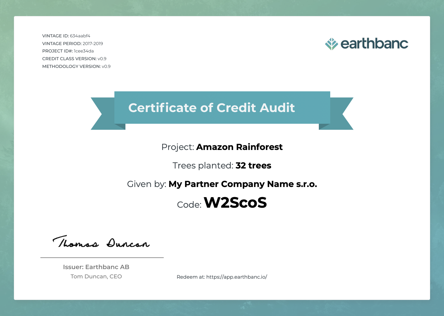 Example of certificate